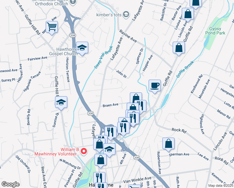 map of restaurants, bars, coffee shops, grocery stores, and more near 7 Sotnick Street in Hawthorne