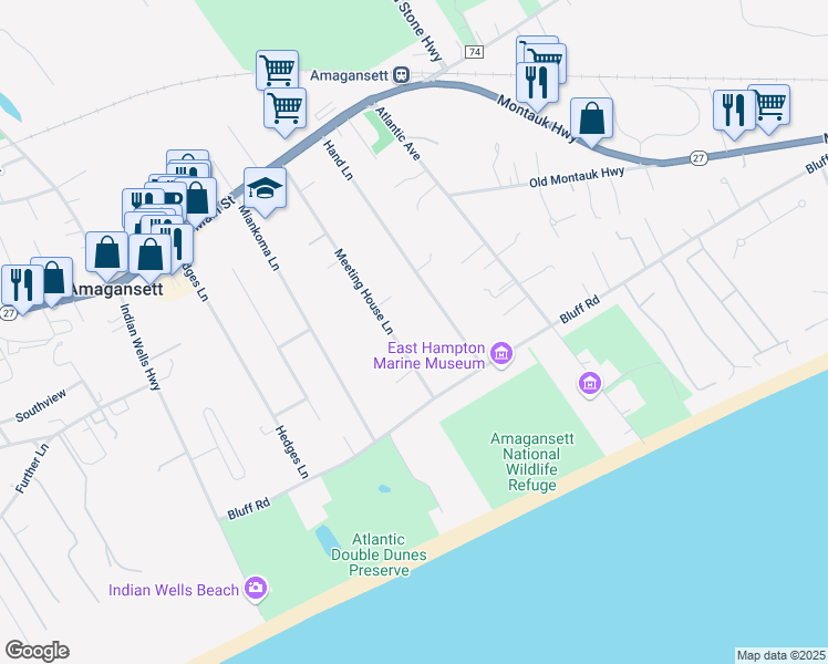 map of restaurants, bars, coffee shops, grocery stores, and more near 139 Meeting House Lane in Amagansett