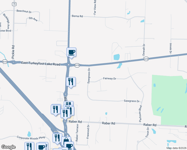 map of restaurants, bars, coffee shops, grocery stores, and more near 1557 Sawgrass Drive in Uniontown