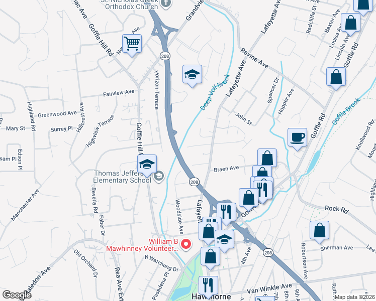 map of restaurants, bars, coffee shops, grocery stores, and more near 42 Ravine Drive West in Hawthorne