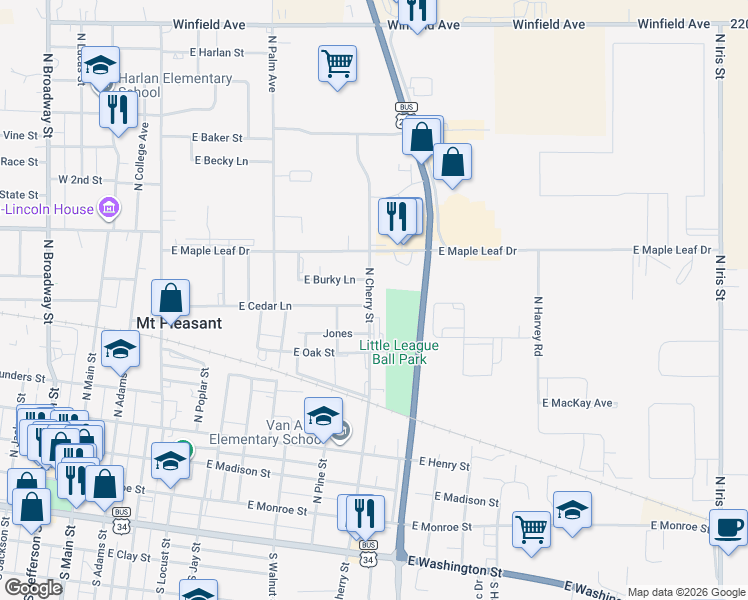 map of restaurants, bars, coffee shops, grocery stores, and more near 600 North Cherry Street in Mount Pleasant