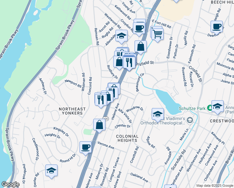 map of restaurants, bars, coffee shops, grocery stores, and more near 2176 Central Park Avenue in Yonkers