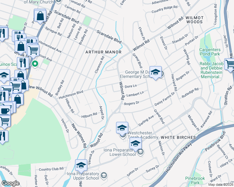 map of restaurants, bars, coffee shops, grocery stores, and more near 5 Old Farm Road in Scarsdale