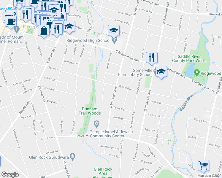 map of restaurants, bars, coffee shops, grocery stores, and more near 210 South Van Dien Avenue in Ridgewood