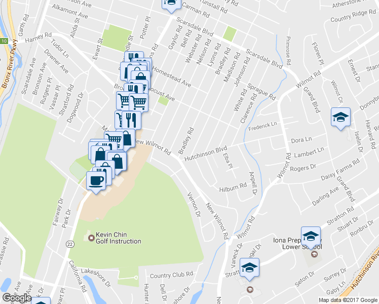 map of restaurants, bars, coffee shops, grocery stores, and more near 3 Madison Road in Scarsdale