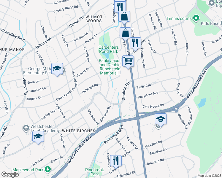 map of restaurants, bars, coffee shops, grocery stores, and more near 1 Kewanee Road in New Rochelle