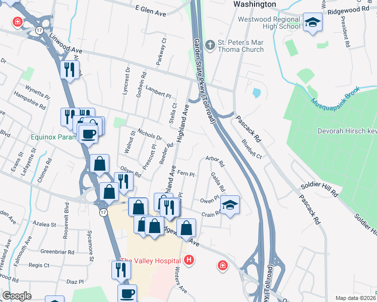 map of restaurants, bars, coffee shops, grocery stores, and more near 75 Maryland Road in Paramus