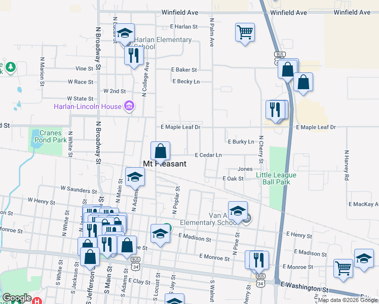 map of restaurants, bars, coffee shops, grocery stores, and more near 501 East Cedar Lane in Mount Pleasant