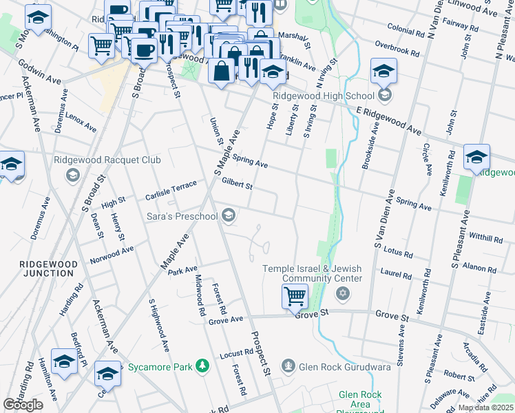 map of restaurants, bars, coffee shops, grocery stores, and more near 369 Cedar Avenue in Ridgewood