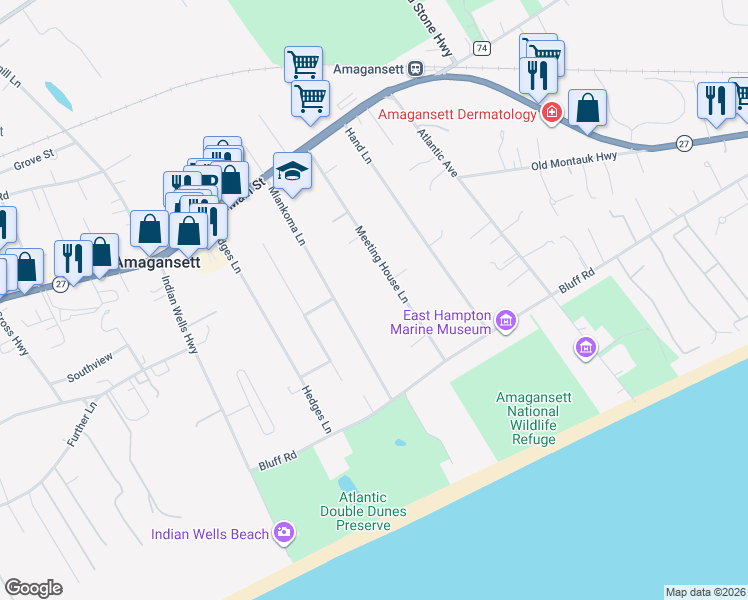 map of restaurants, bars, coffee shops, grocery stores, and more near 118 Meeting House Lane in Amagansett