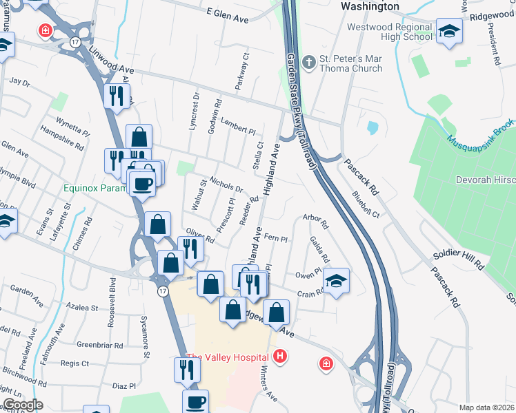 map of restaurants, bars, coffee shops, grocery stores, and more near 767 Highland Avenue in Paramus