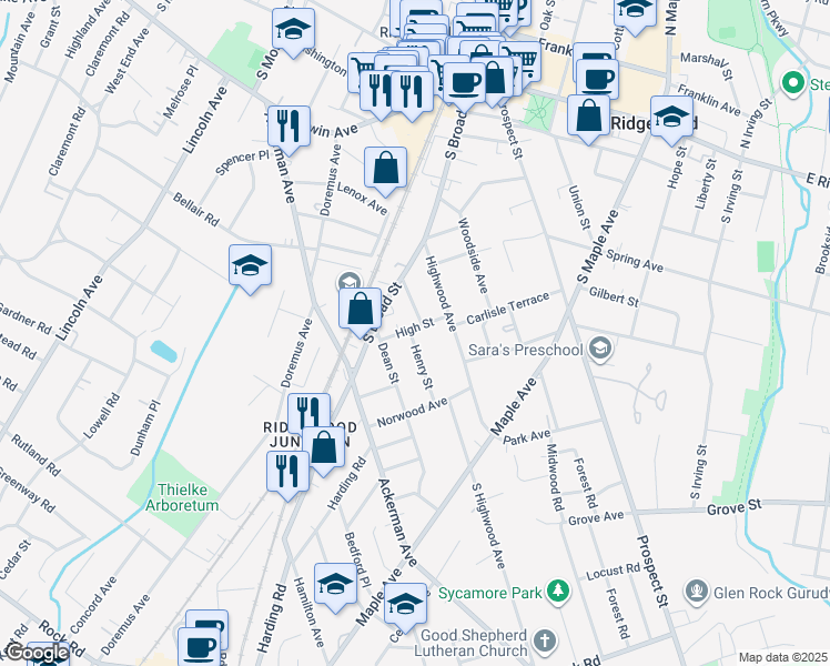 map of restaurants, bars, coffee shops, grocery stores, and more near 3 Henry Street in Glen Rock
