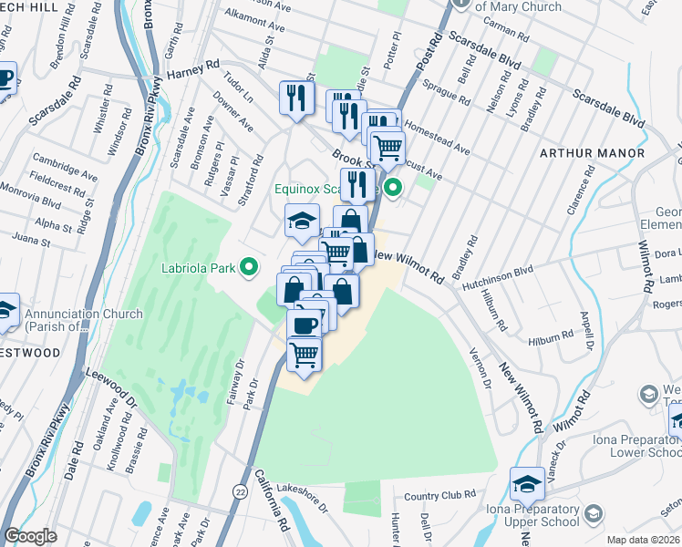 map of restaurants, bars, coffee shops, grocery stores, and more near 737 White Plains Road in Scarsdale