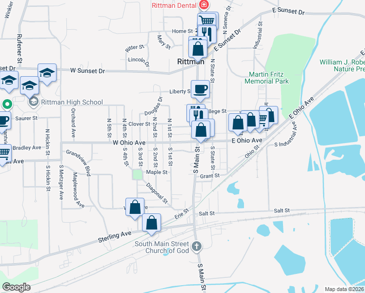map of restaurants, bars, coffee shops, grocery stores, and more near 44 Ohio Court in Rittman