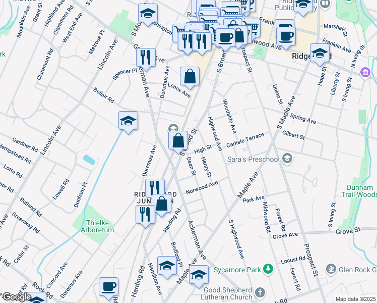 map of restaurants, bars, coffee shops, grocery stores, and more near 3 High Street in Ridgewood