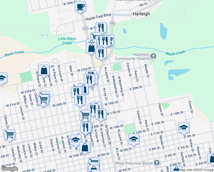map of restaurants, bars, coffee shops, grocery stores, and more near 100 West 21st Street in Hazleton