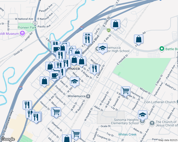 map of restaurants, bars, coffee shops, grocery stores, and more near 40 East 5th Street in Winnemucca