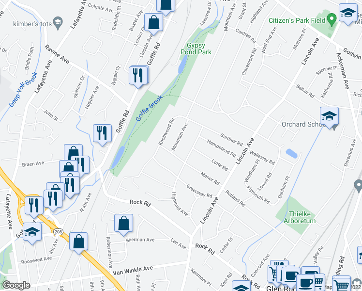 map of restaurants, bars, coffee shops, grocery stores, and more near 425 Mountain Avenue in Ridgewood