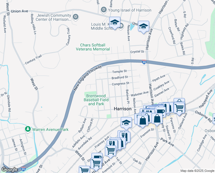 map of restaurants, bars, coffee shops, grocery stores, and more near 127 Rockwell Street in Harrison