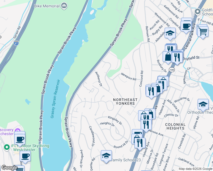 map of restaurants, bars, coffee shops, grocery stores, and more near 15 Dorchester Drive in Yonkers