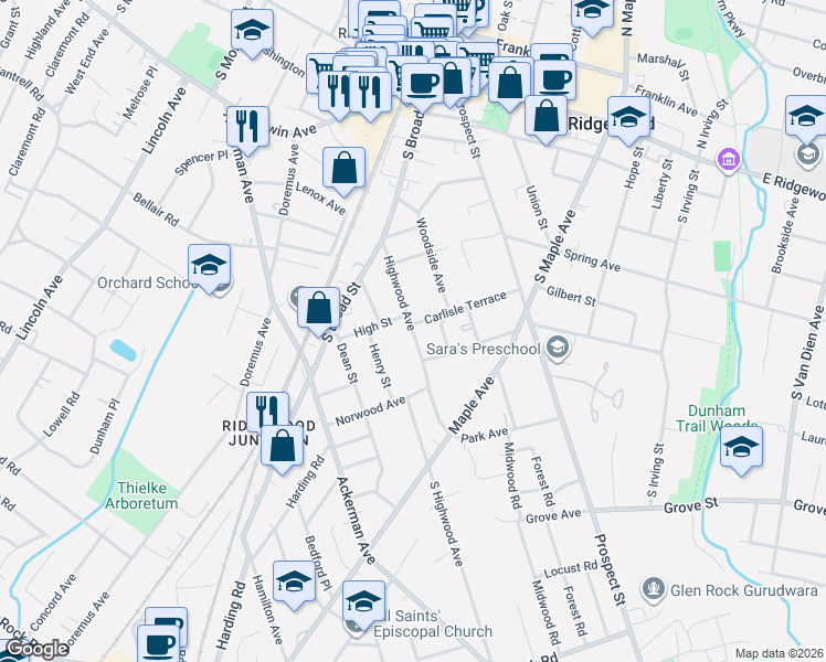 map of restaurants, bars, coffee shops, grocery stores, and more near 282 Highwood Avenue in Glen Rock