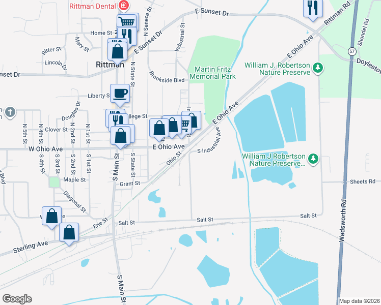 map of restaurants, bars, coffee shops, grocery stores, and more near 155 South Industrial Avenue in Rittman