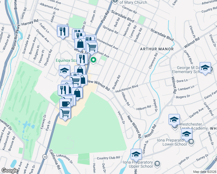 map of restaurants, bars, coffee shops, grocery stores, and more near 8 Lyons Road in Scarsdale