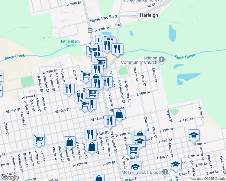 map of restaurants, bars, coffee shops, grocery stores, and more near 100-120 W 21st St in Hazleton