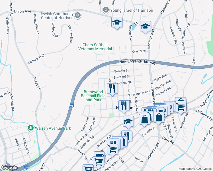 map of restaurants, bars, coffee shops, grocery stores, and more near 127 Rockwell Street in Harrison