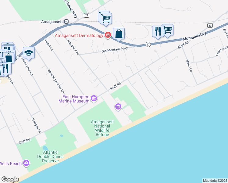 map of restaurants, bars, coffee shops, grocery stores, and more near 255 Bluff Road in Amagansett