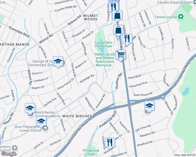 map of restaurants, bars, coffee shops, grocery stores, and more near 244 Waverly Road in Scarsdale