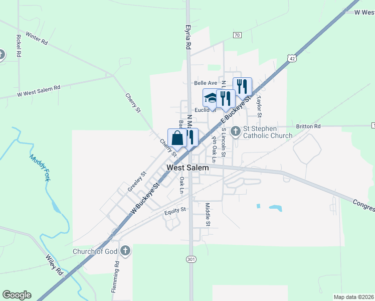 map of restaurants, bars, coffee shops, grocery stores, and more near 5 W Buckeye St in West Salem