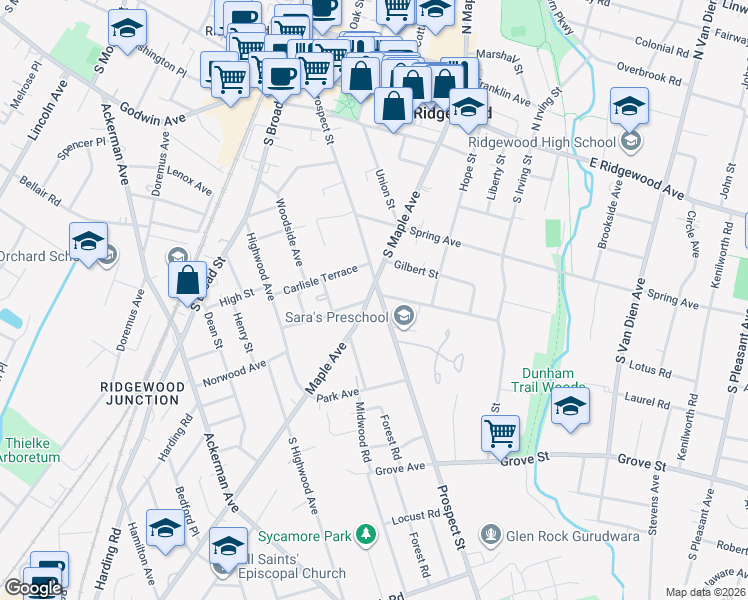 map of restaurants, bars, coffee shops, grocery stores, and more near 274 Prospect Street in Ridgewood