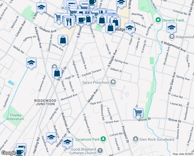 map of restaurants, bars, coffee shops, grocery stores, and more near 157 Linden Street in Ridgewood