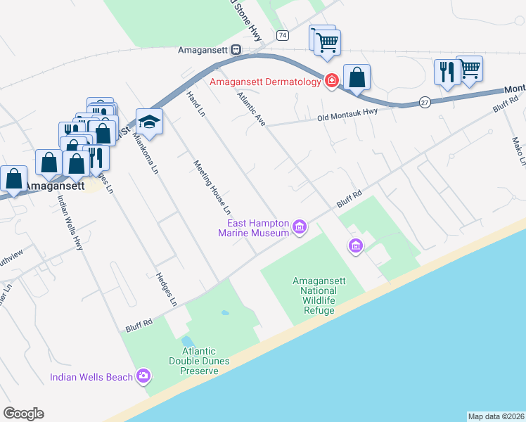 map of restaurants, bars, coffee shops, grocery stores, and more near 114 Hand Lane in Amagansett