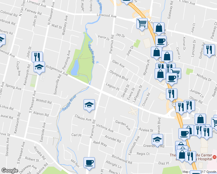 map of restaurants, bars, coffee shops, grocery stores, and more near 3 Legion Place in Paramus