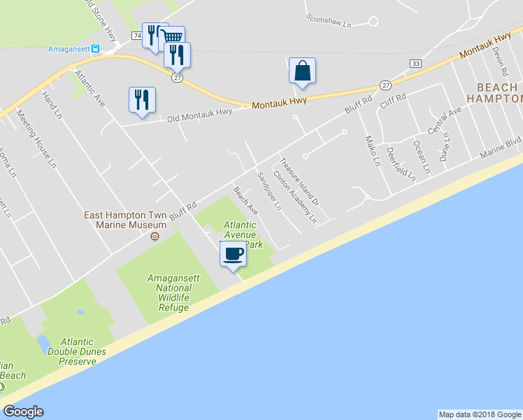 map of restaurants, bars, coffee shops, grocery stores, and more near 47 Beach Avenue in Amagansett
