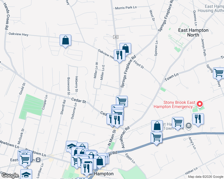 map of restaurants, bars, coffee shops, grocery stores, and more near 165 North Main Street in East Hampton