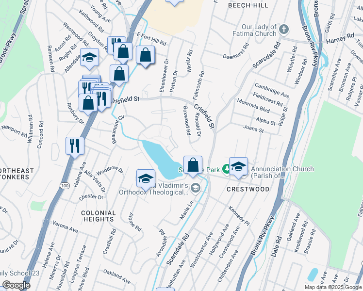 map of restaurants, bars, coffee shops, grocery stores, and more near 97 Shoreview Drive in Yonkers