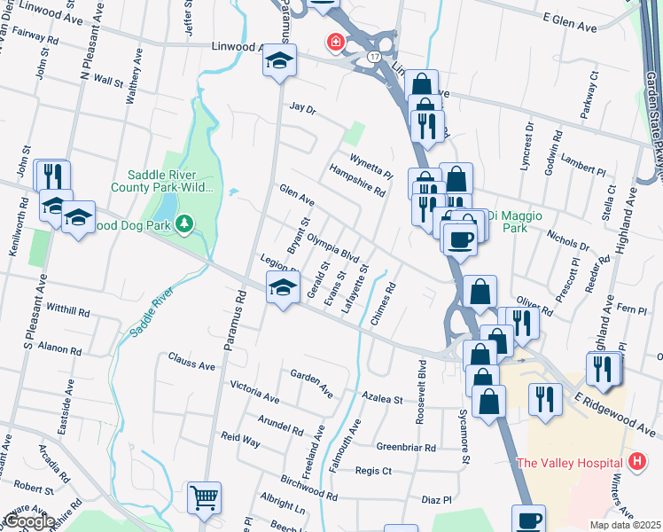 map of restaurants, bars, coffee shops, grocery stores, and more near 712 Gerald Street in Paramus