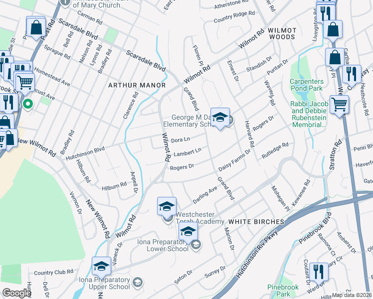 map of restaurants, bars, coffee shops, grocery stores, and more near 46 Lambert Lane in New Rochelle