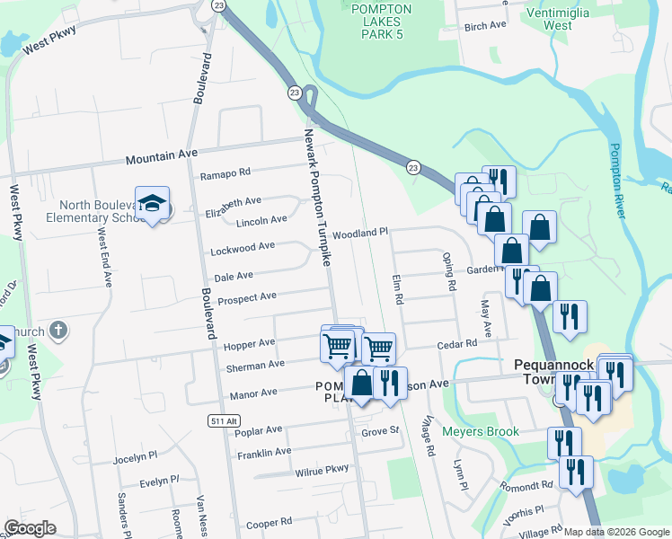 map of restaurants, bars, coffee shops, grocery stores, and more near 724 Newark Pompton Turnpike in Pequannock Township