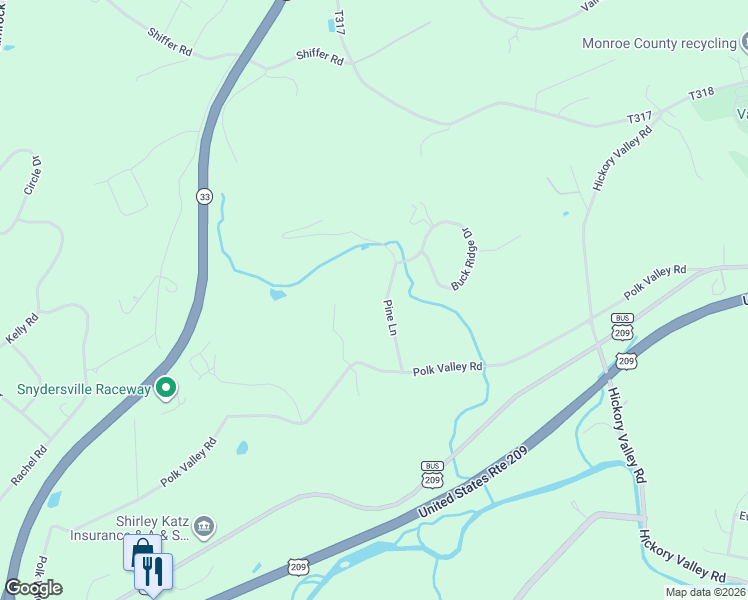 map of restaurants, bars, coffee shops, grocery stores, and more near 102 Pine Lane in Stroudsburg