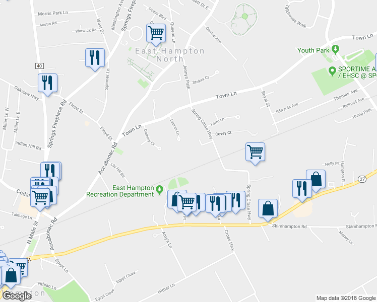 map of restaurants, bars, coffee shops, grocery stores, and more near 9 Lauras Lane in East Hampton