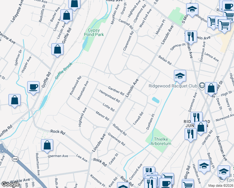 map of restaurants, bars, coffee shops, grocery stores, and more near 220 Gardner Road in Ridgewood