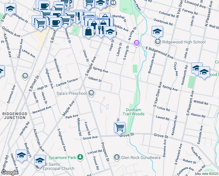 map of restaurants, bars, coffee shops, grocery stores, and more near 391 Gilbert Street in Ridgewood