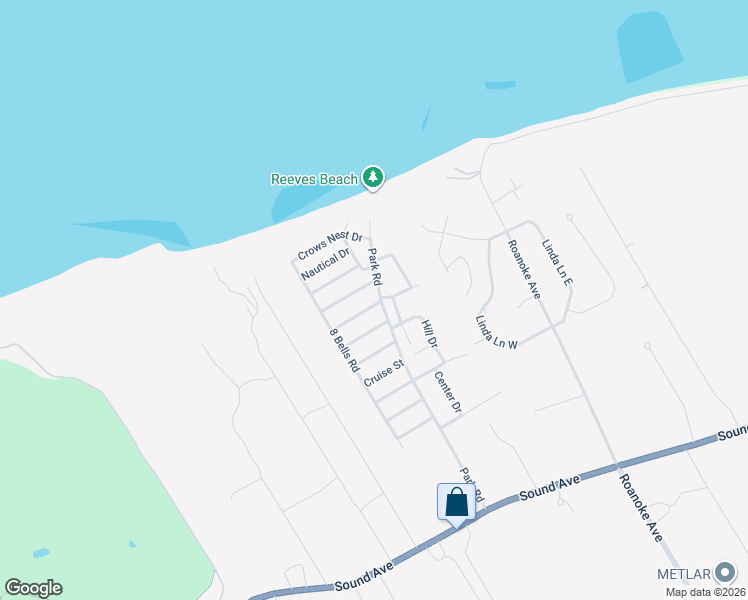 map of restaurants, bars, coffee shops, grocery stores, and more near 183 Park Road in Riverhead