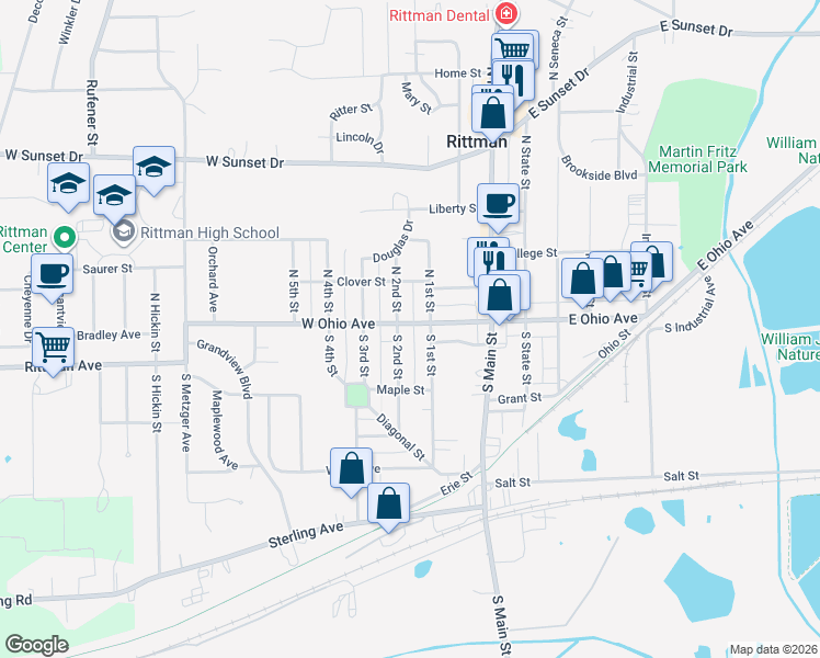 map of restaurants, bars, coffee shops, grocery stores, and more near 90 W Ohio Ave in Rittman