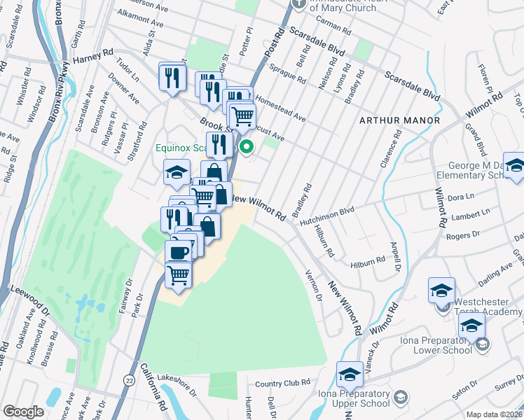 map of restaurants, bars, coffee shops, grocery stores, and more near 64 New Wilmot Road in Scarsdale