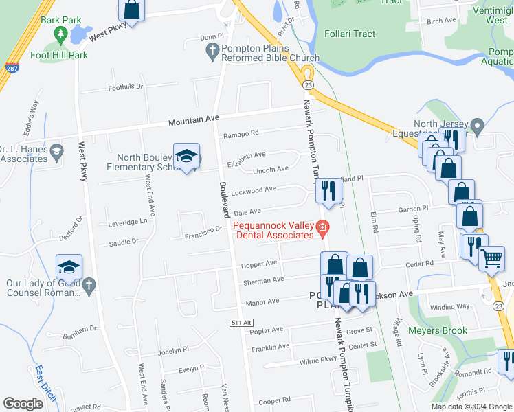 map of restaurants, bars, coffee shops, grocery stores, and more near 20 Dale Avenue in Pequannock Township